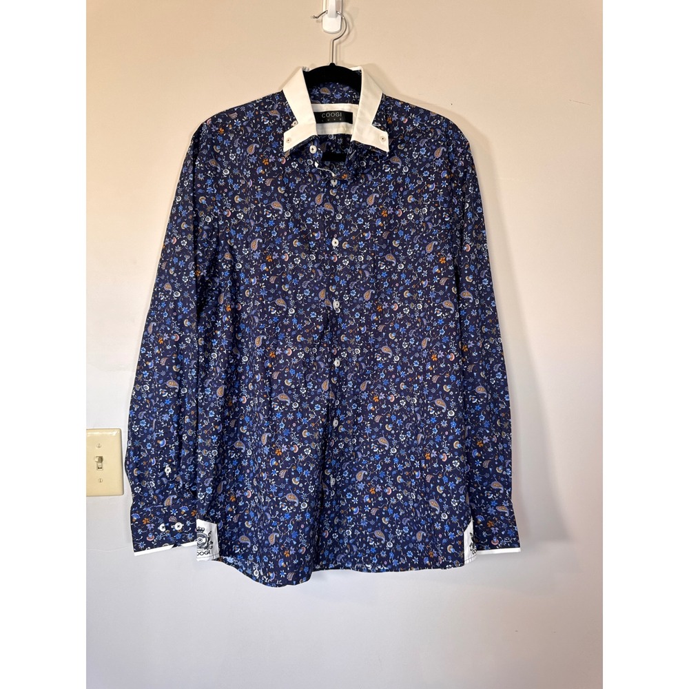 Coogi Luxe Mens Blue Floral Paisley Button Down Shirt White Collar Cuffs Size L